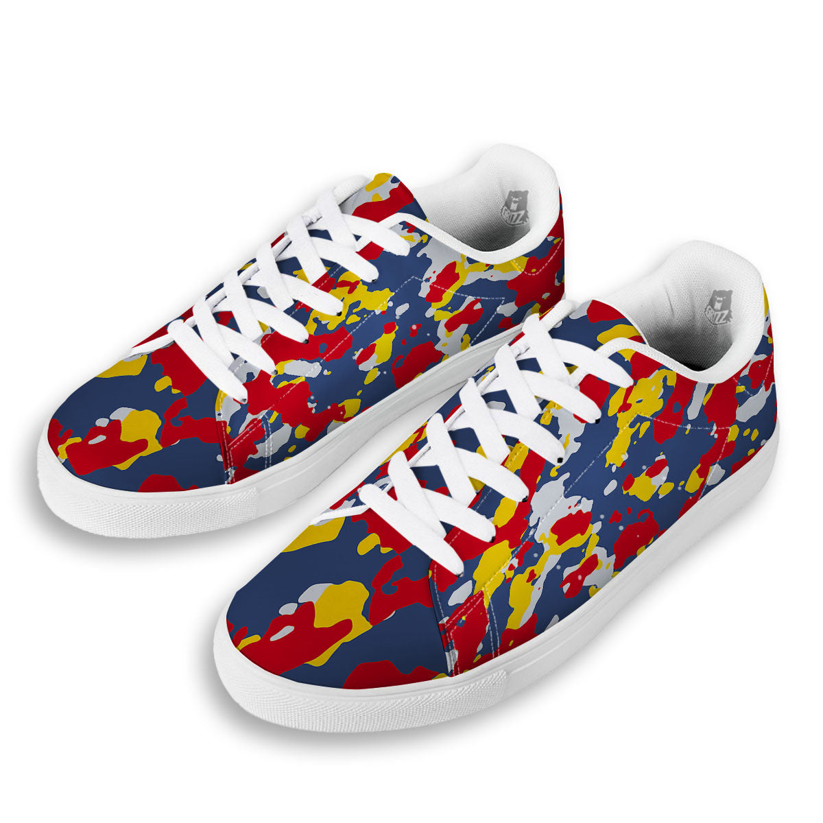 Yellow Red And Blue Camouflage Print White Low Top Sneakers-grizzshop