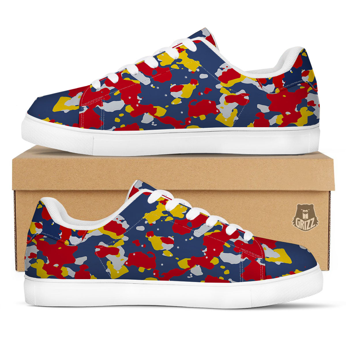 Yellow Red And Blue Camouflage Print White Low Top Sneakers-grizzshop