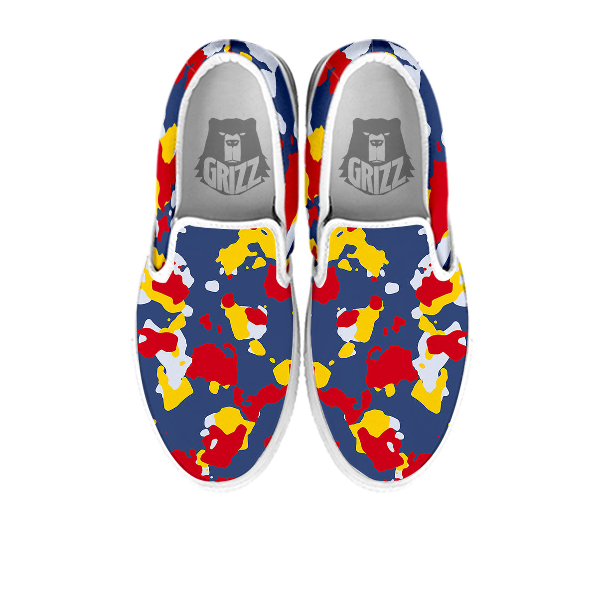 Yellow Red And Blue Camouflage Print White Slip On Shoes-grizzshop