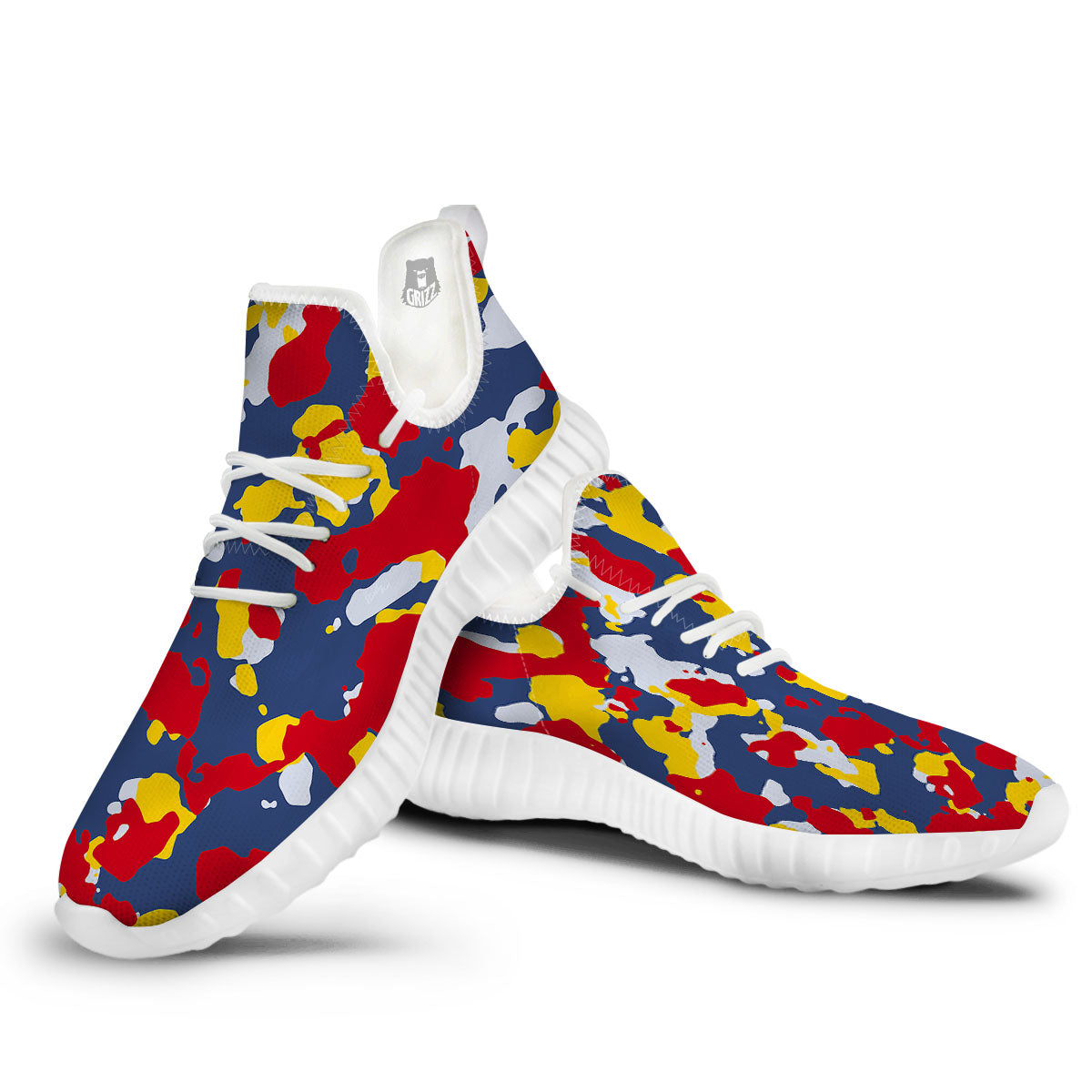 Yellow Red And Blue Camouflage Print White Walking Shoes-grizzshop