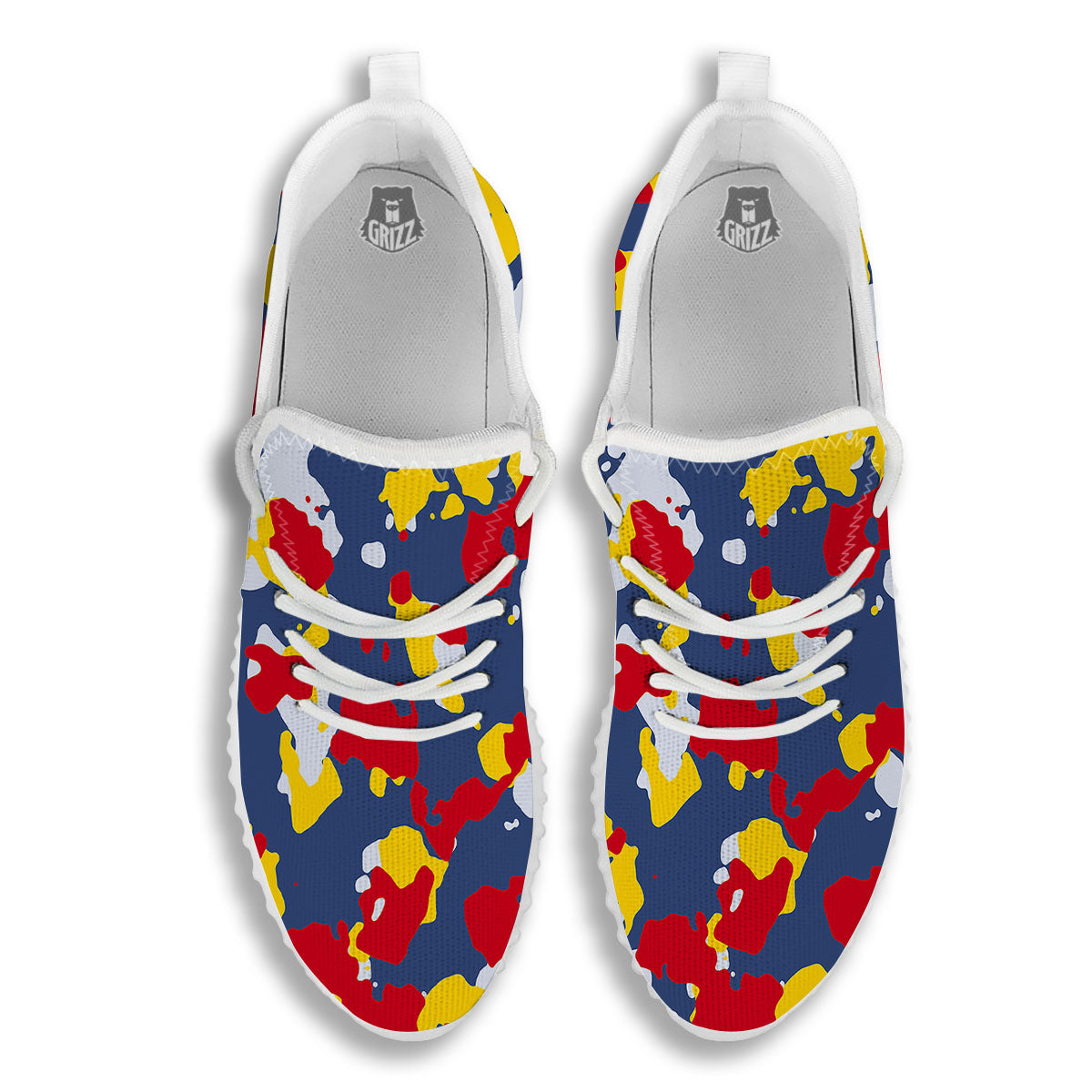 Yellow Red And Blue Camouflage Print White Walking Shoes-grizzshop