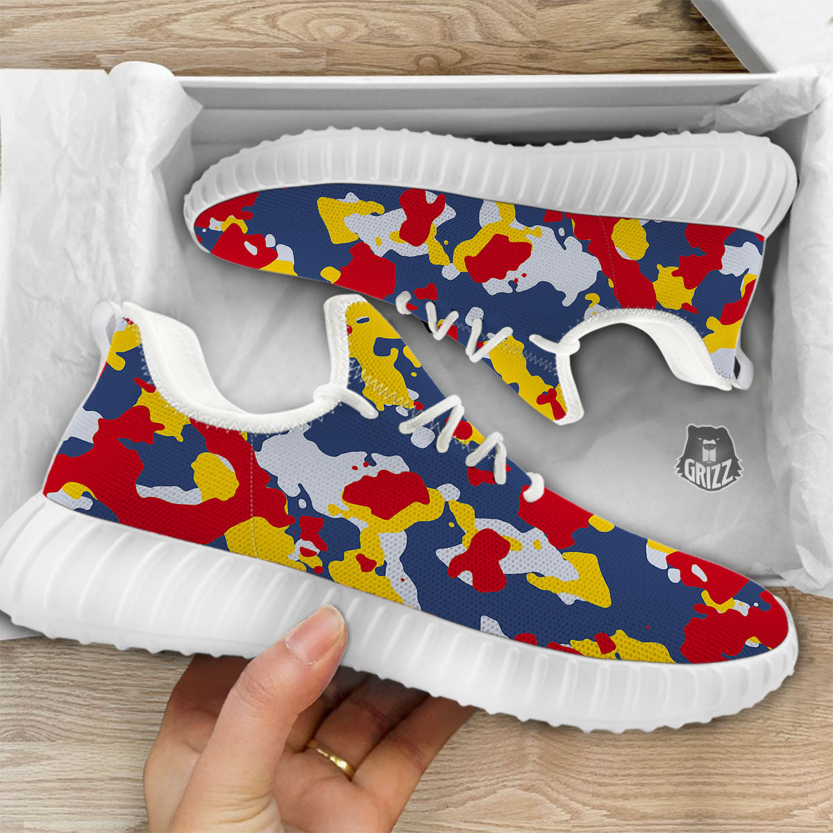 Yellow Red And Blue Camouflage Print White Walking Shoes-grizzshop