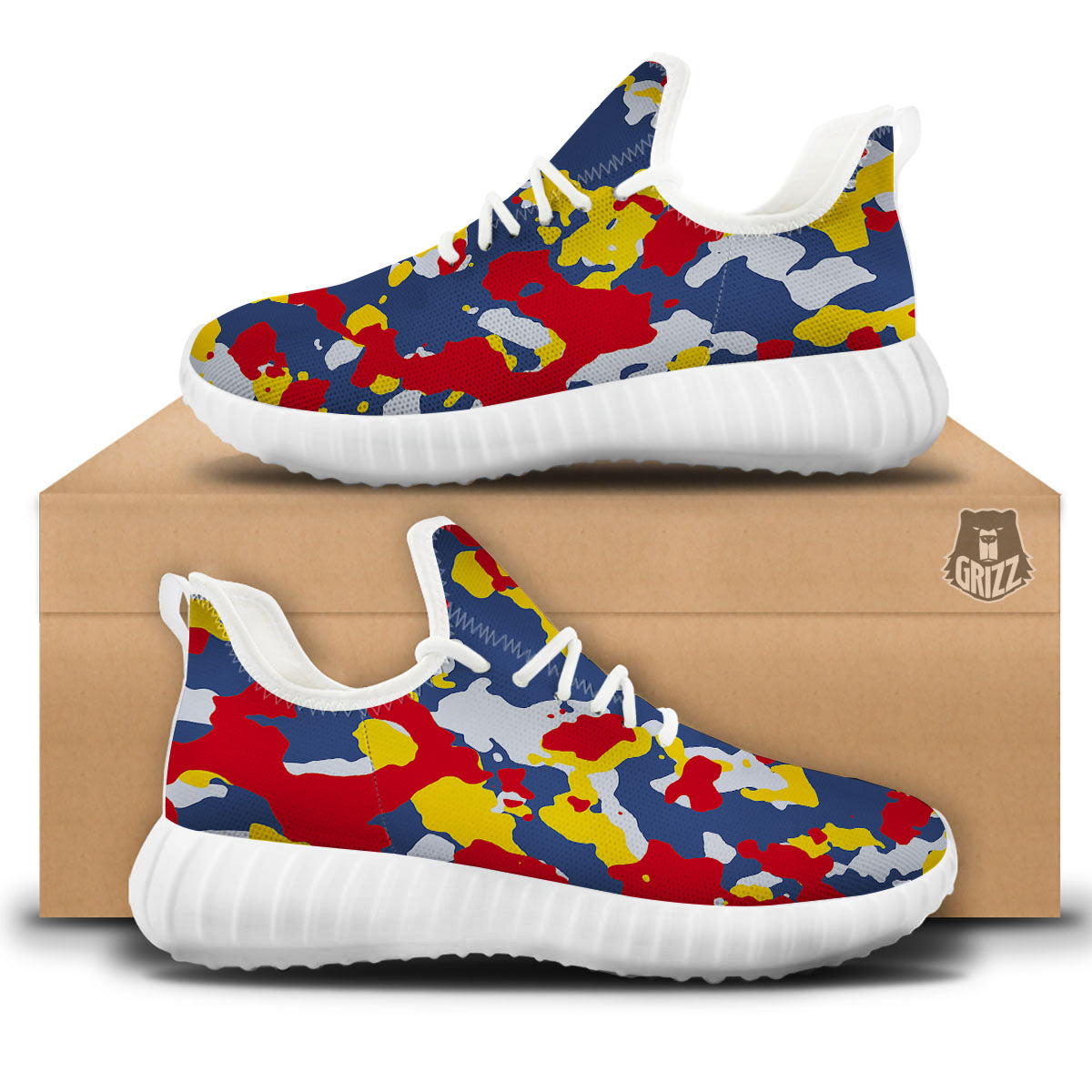 Yellow Red And Blue Camouflage Print White Walking Shoes-grizzshop