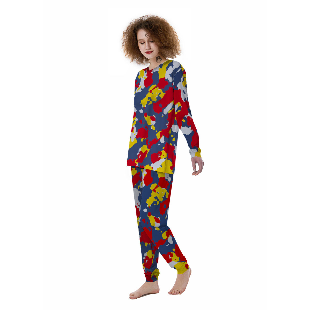 Yellow Red And Blue Camouflage Print Women's Pajamas-grizzshop