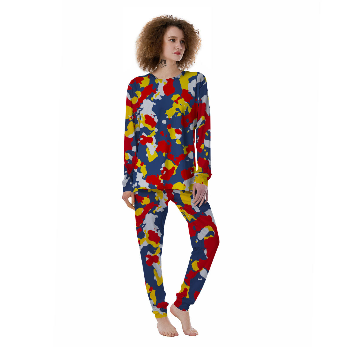 Yellow Red And Blue Camouflage Print Women's Pajamas-grizzshop
