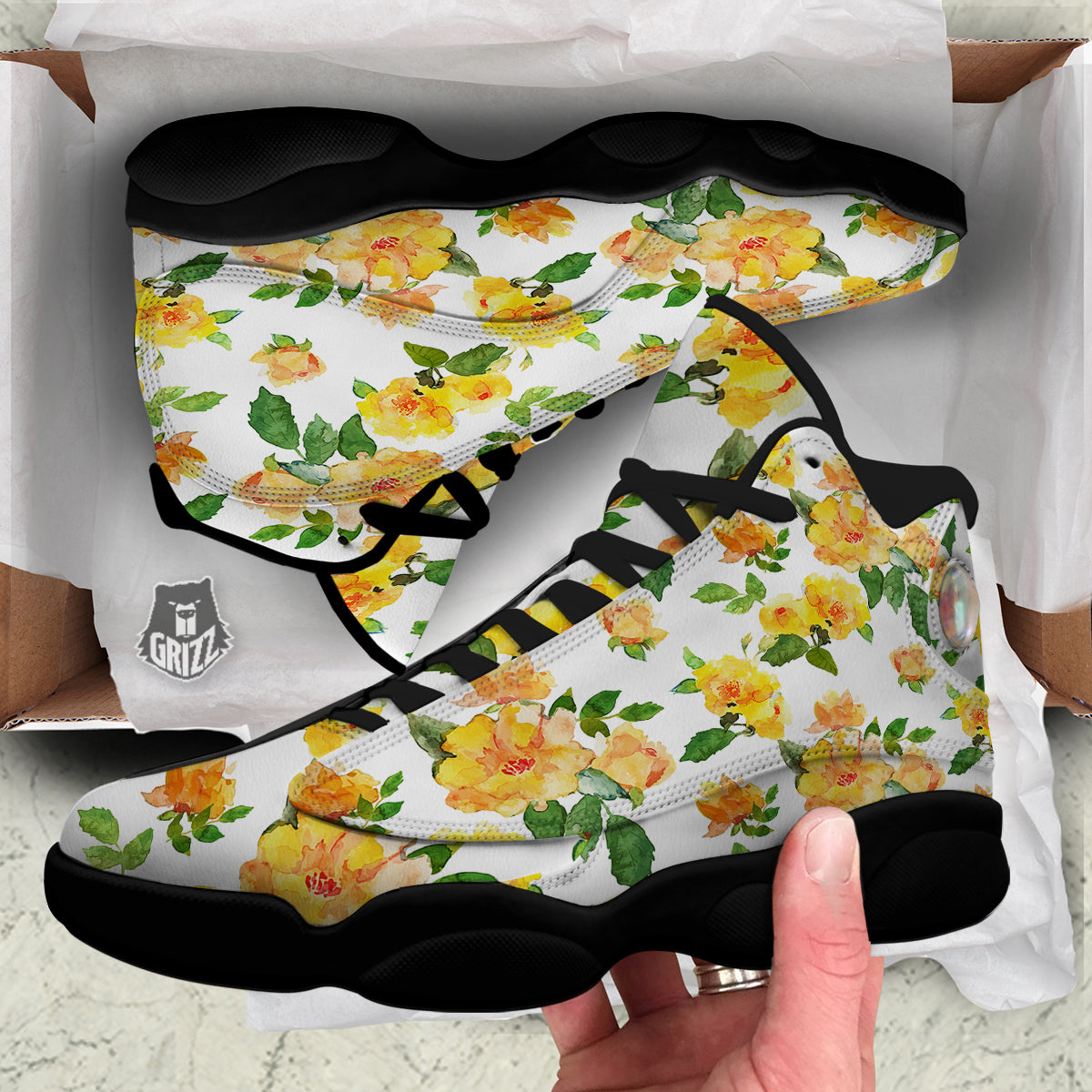 Yellow Rose Watercolor Print Pattern Black Basketball Shoes-grizzshop