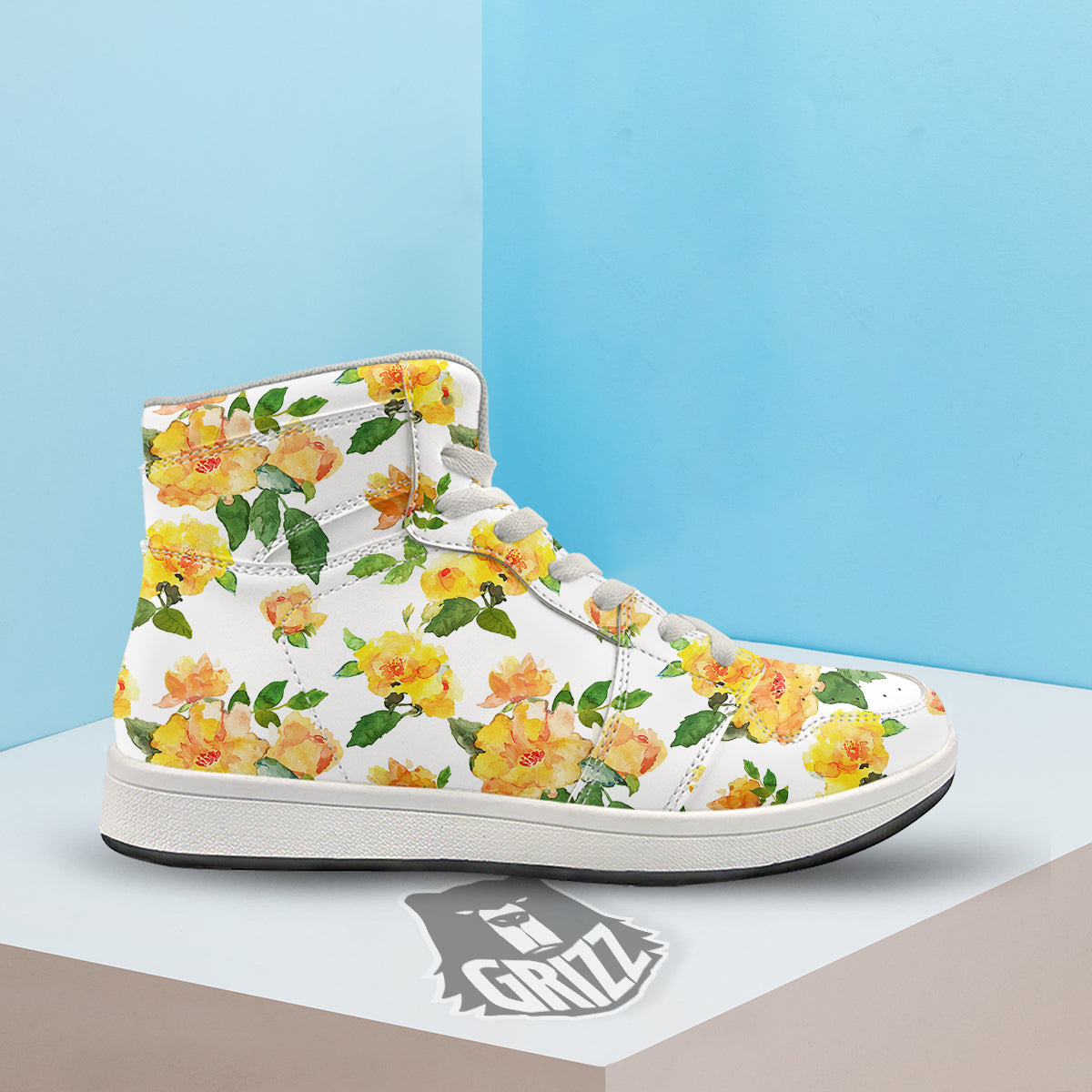 Yellow Rose Watercolor Print Pattern High Top Sneakers-grizzshop