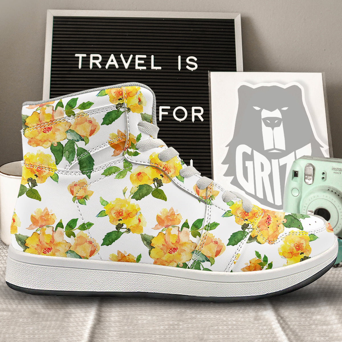 Yellow Rose Watercolor Print Pattern High Top Sneakers-grizzshop
