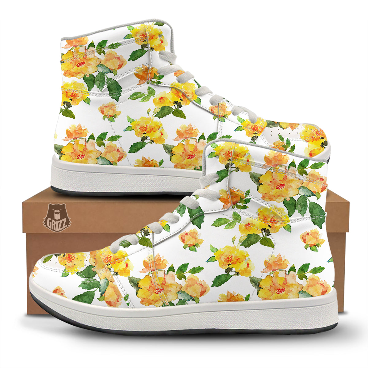 Yellow Rose Watercolor Print Pattern High Top Sneakers-grizzshop