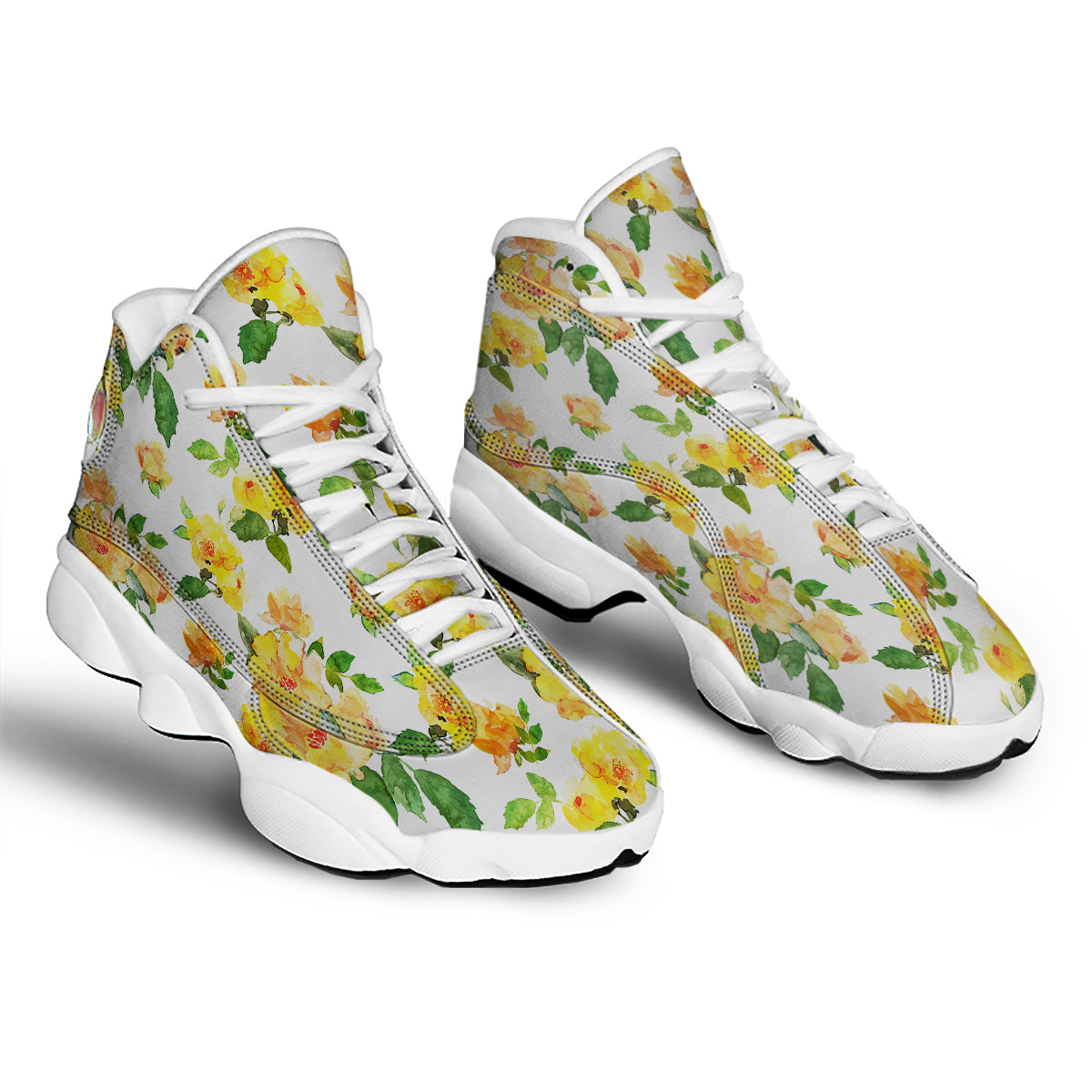 Yellow Rose Watercolor Print Pattern White Basketball Shoes-grizzshop