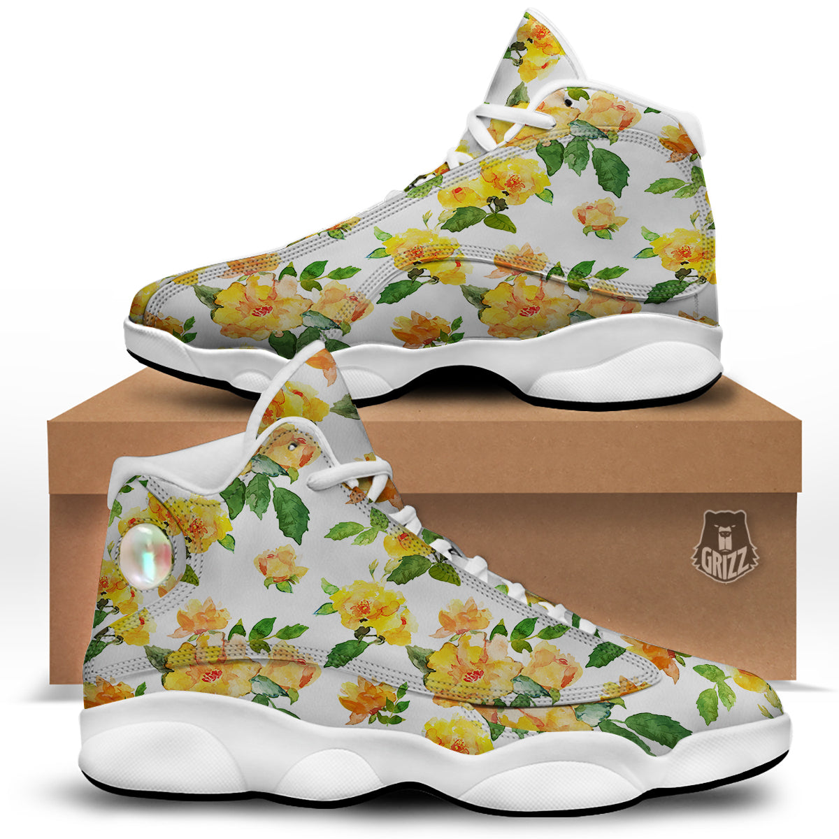 Yellow Rose Watercolor Print Pattern White Basketball Shoes-grizzshop