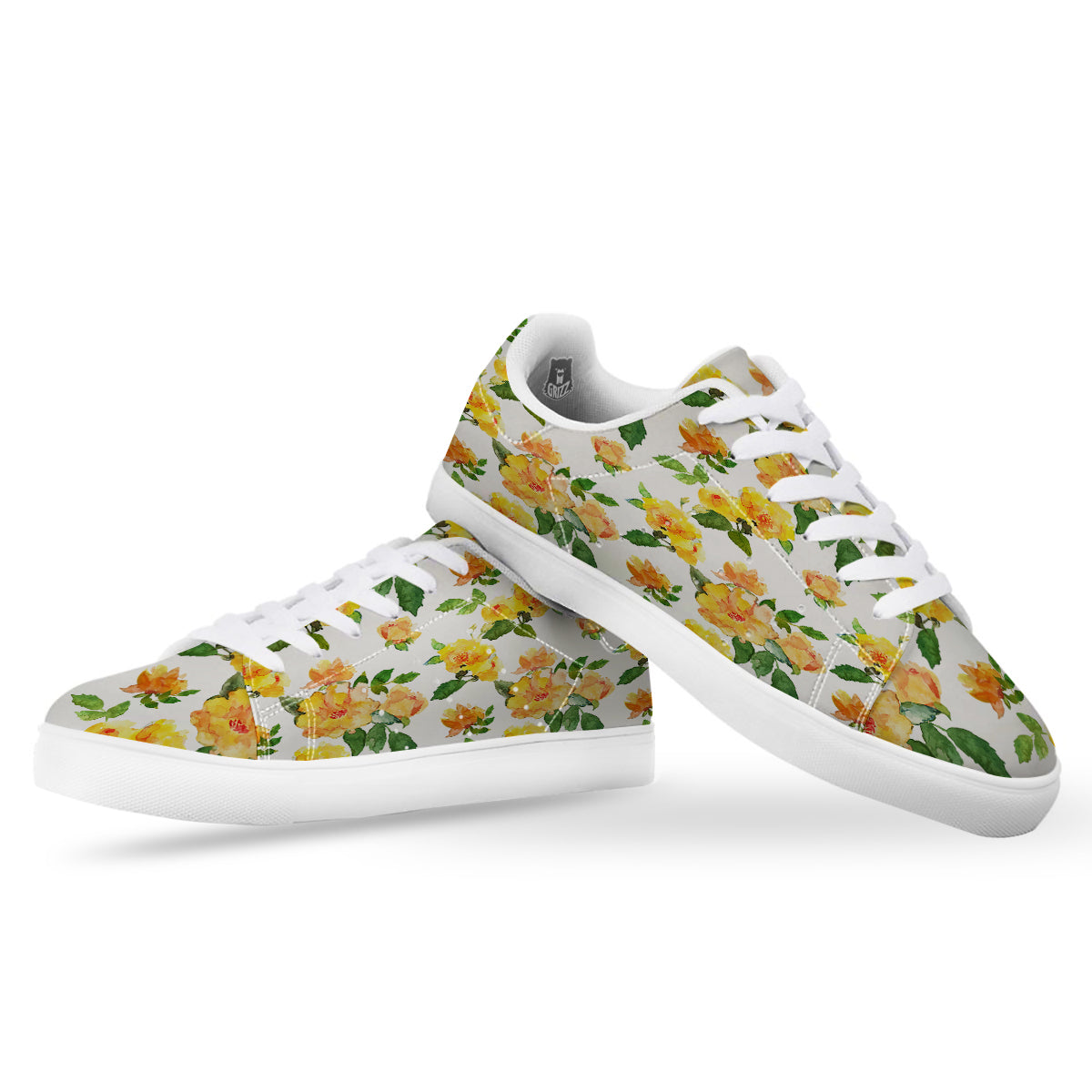 Yellow Rose Watercolor Print Pattern White Low Top Sneakers-grizzshop