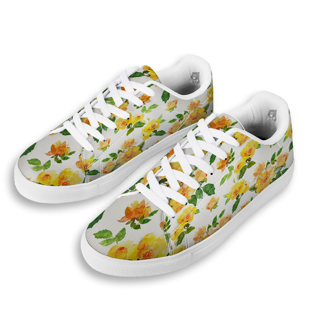 Yellow Rose Watercolor Print Pattern White Low Top Sneakers-grizzshop