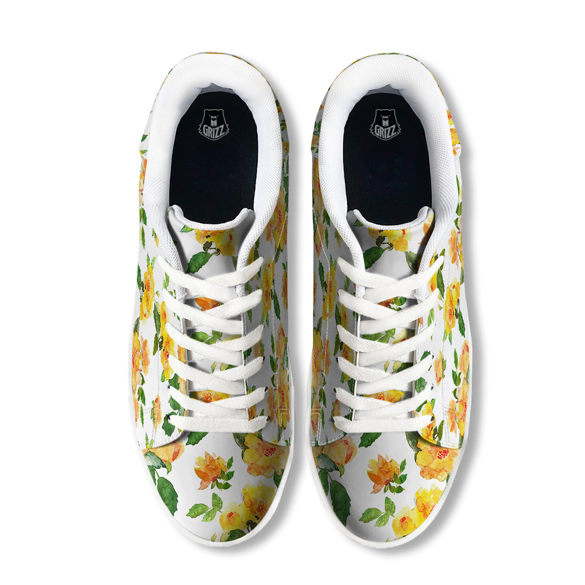 Yellow Rose Watercolor Print Pattern White Low Top Sneakers-grizzshop