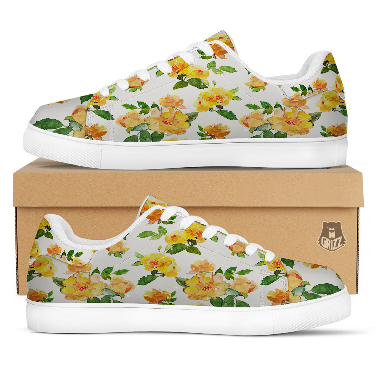 Yellow Rose Watercolor Print Pattern White Low Top Sneakers-grizzshop
