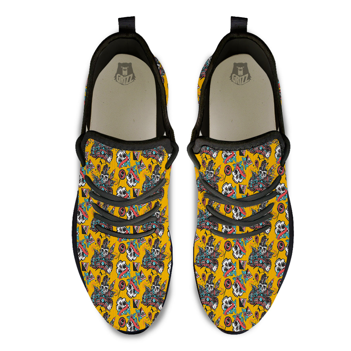 Yellow Skull Old School Tattoo Print Pattern Black Athletic Shoes-grizzshop