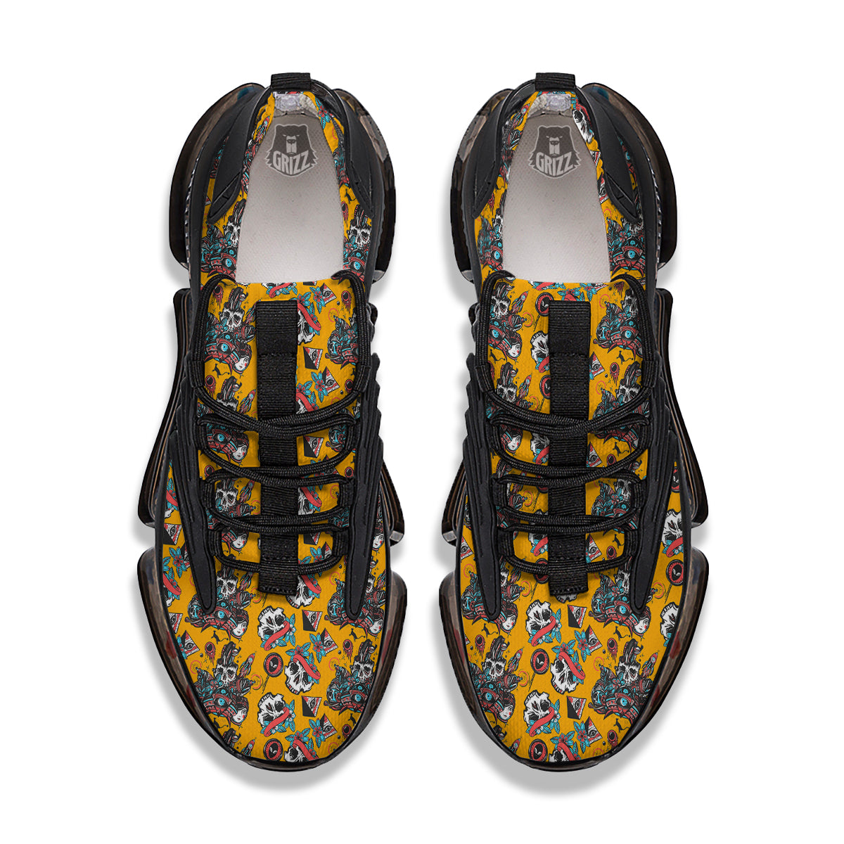 Yellow Skull Old School Tattoo Print Pattern Black Gym Shoes-grizzshop