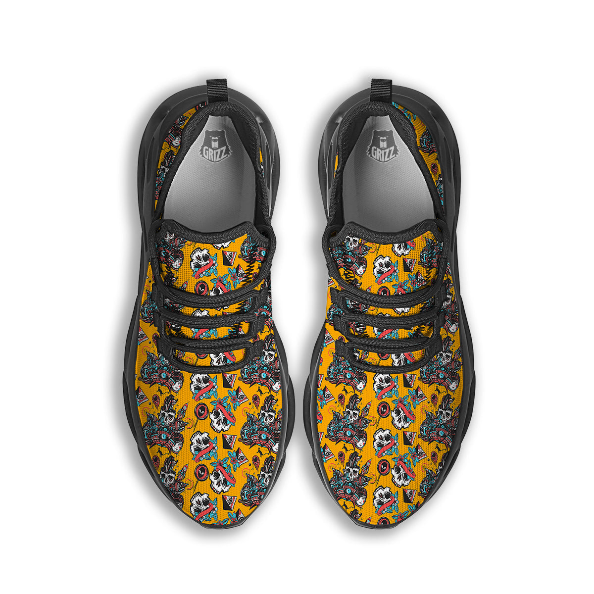 Yellow Skull Old School Tattoo Print Pattern Black Running Shoes-grizzshop
