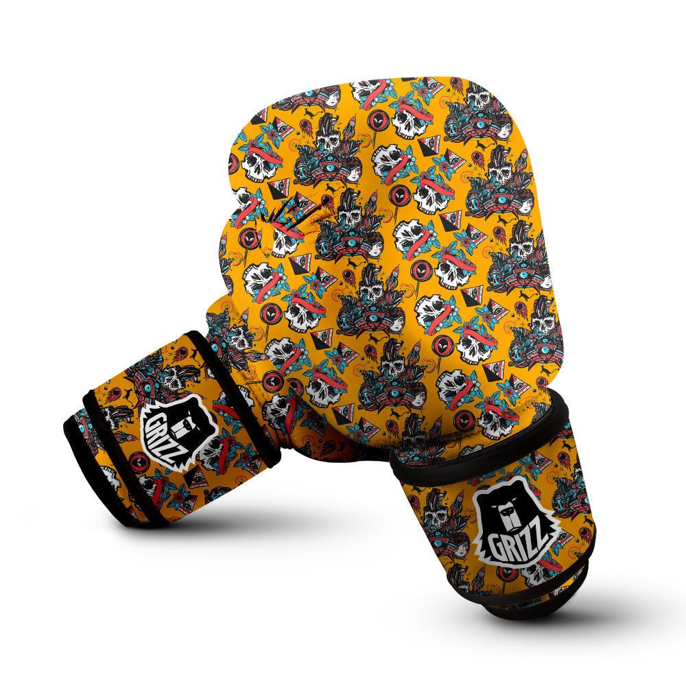 Yellow Skull Old School Tattoo Print Pattern Boxing Gloves-grizzshop