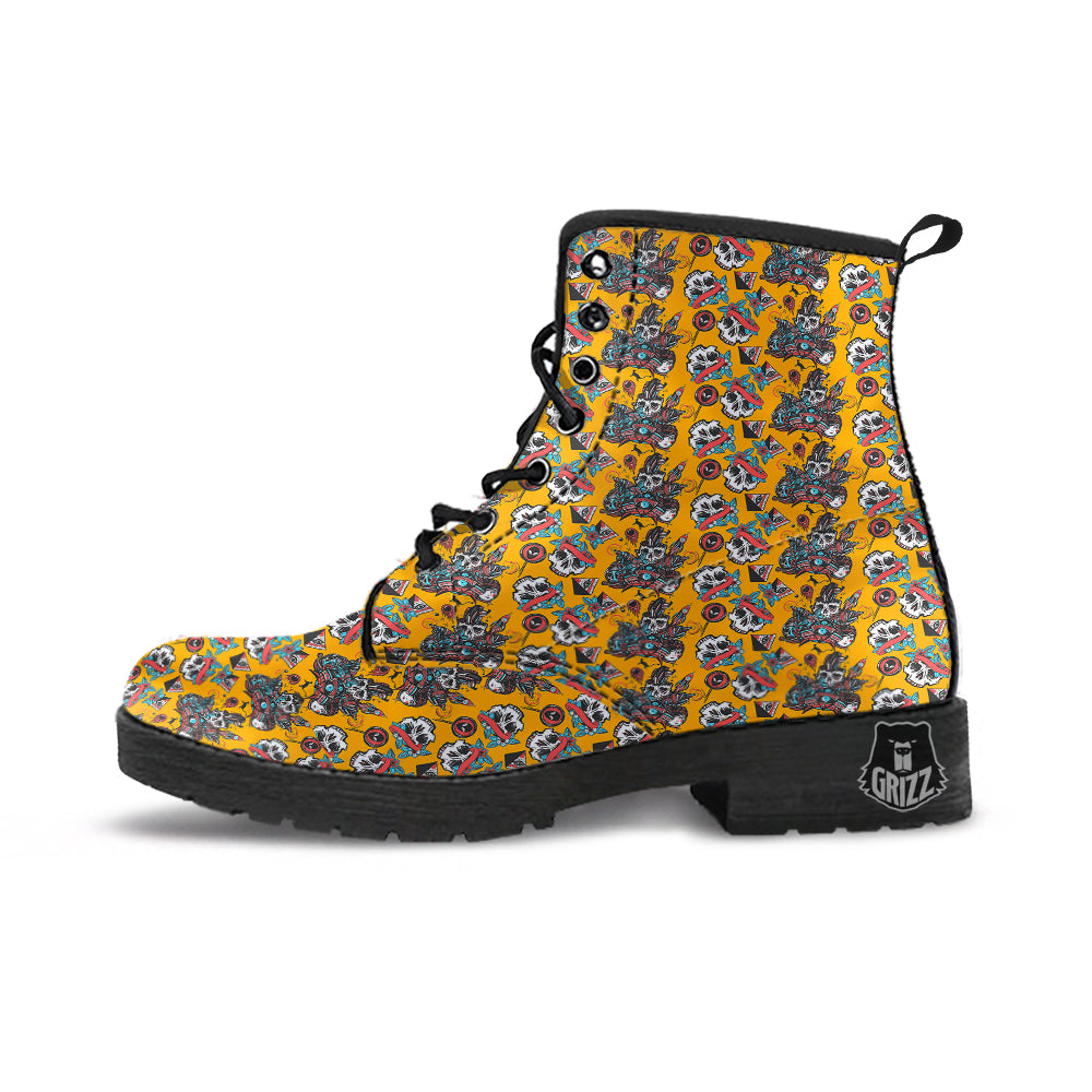 Yellow Skull Old School Tattoo Print Pattern Leather Boots-grizzshop