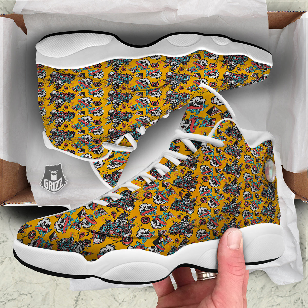 Yellow Skull Old School Tattoo Print Pattern White Basketball Shoes-grizzshop