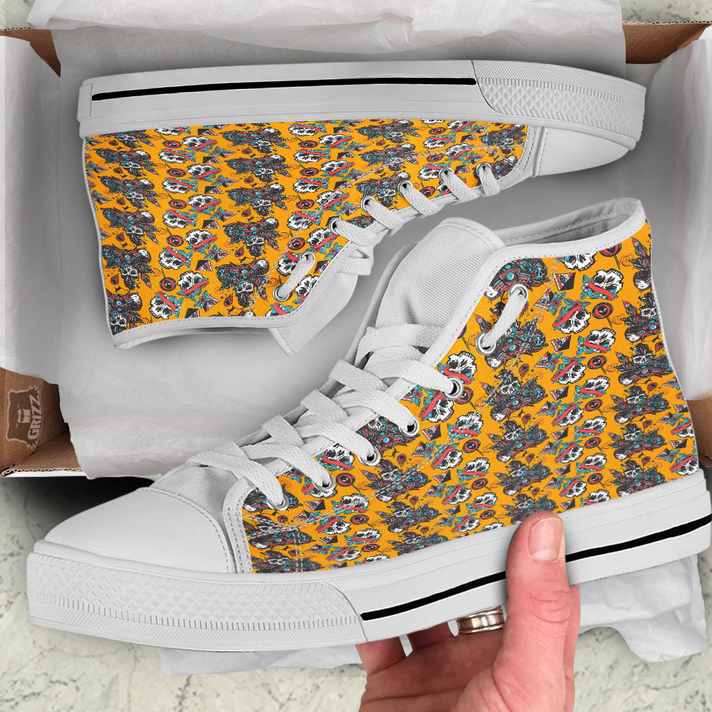 Yellow Skull Old School Tattoo Print Pattern White High Top Shoes-grizzshop