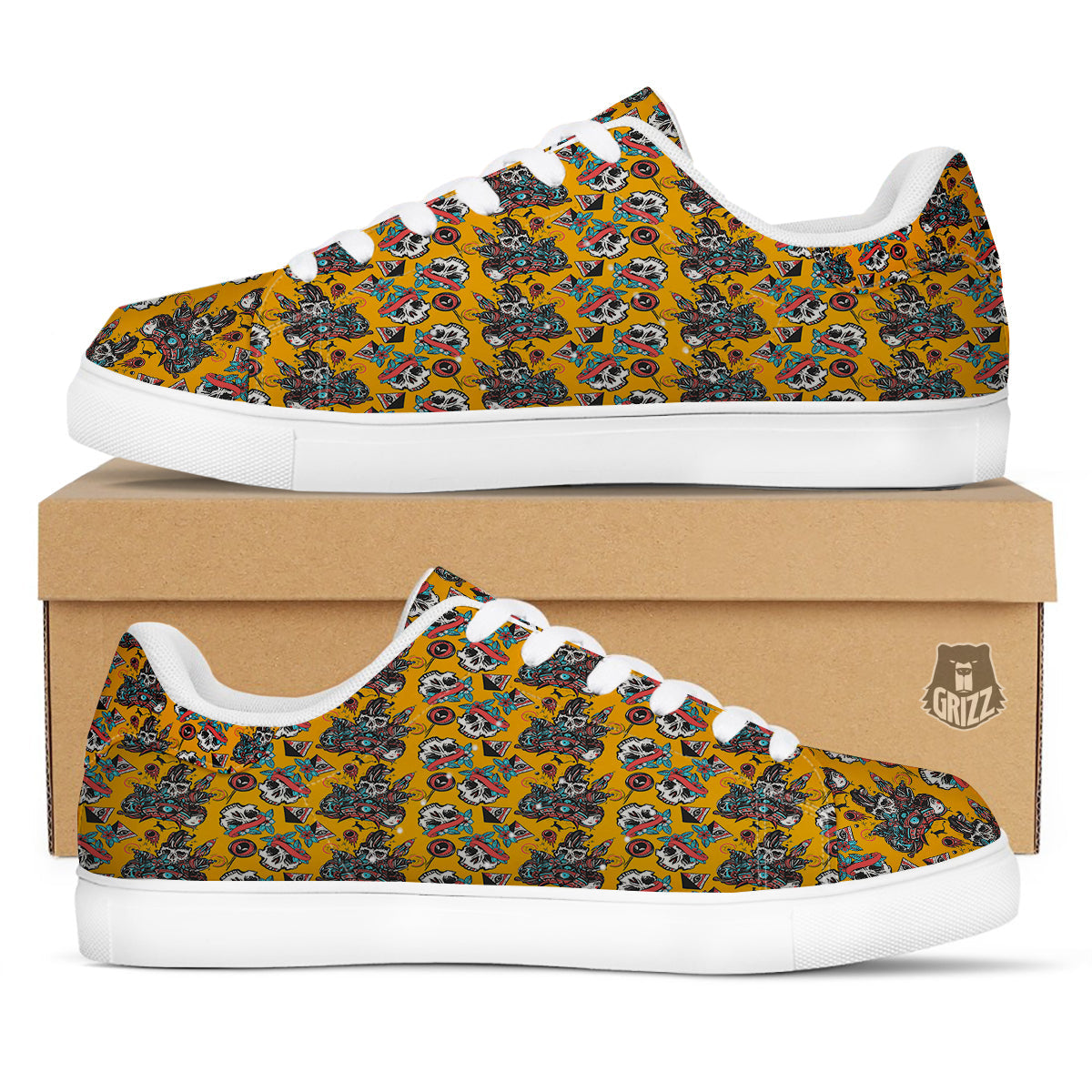 Yellow Skull Old School Tattoo Print Pattern White Low Top Sneakers-grizzshop