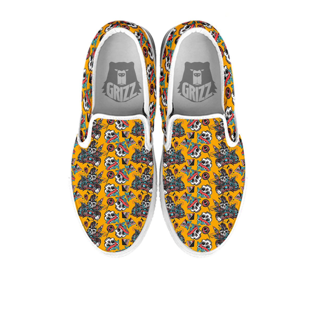 Yellow Skull Old School Tattoo Print Pattern White Slip On Shoes-grizzshop