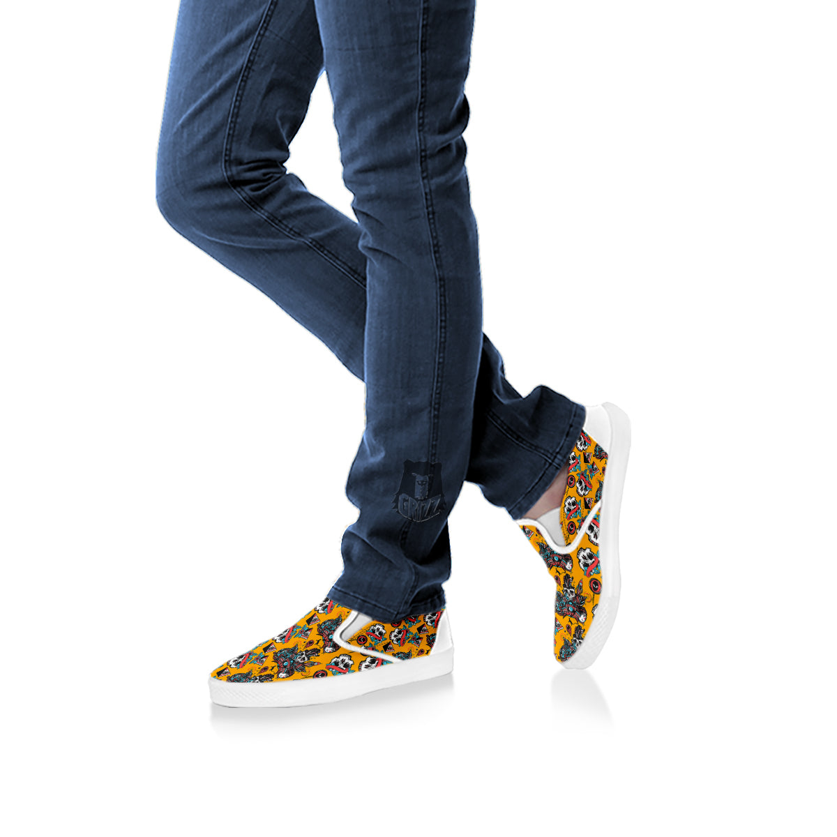 Yellow Skull Old School Tattoo Print Pattern White Slip On Shoes-grizzshop