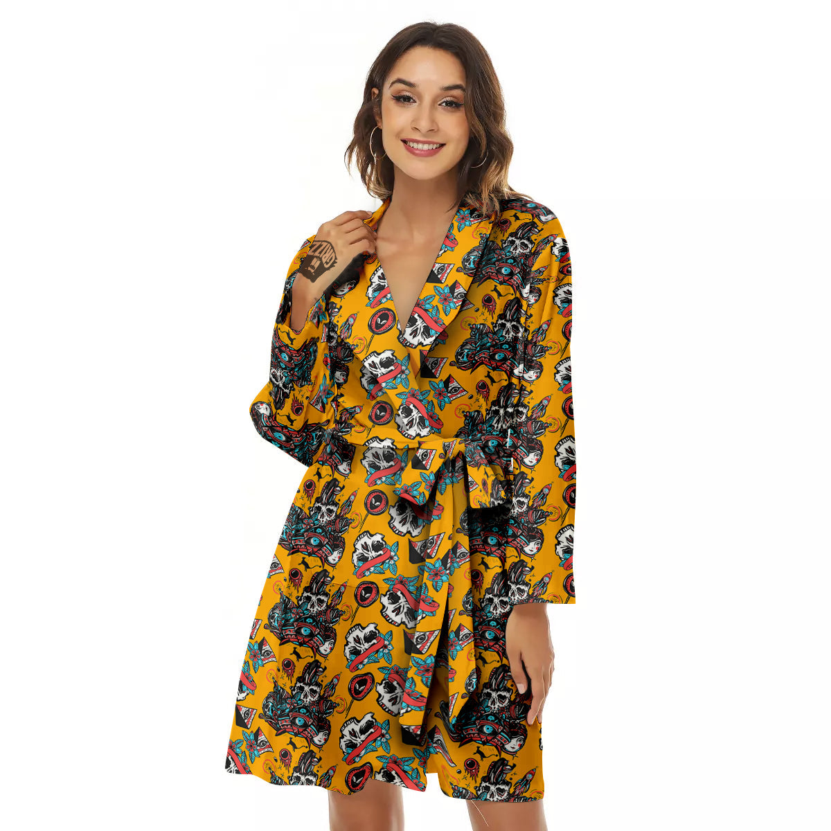 Yellow Skull Old School Tattoo Print Pattern Women's Robe-grizzshop