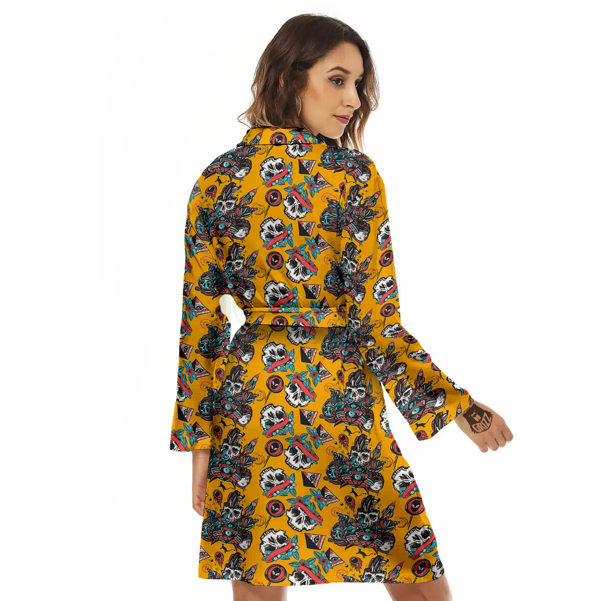 Yellow Skull Old School Tattoo Print Pattern Women's Robe-grizzshop
