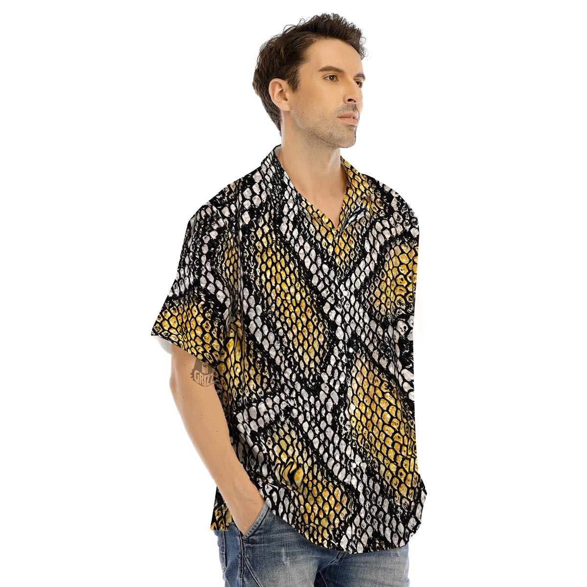 Yellow Snakeskin print Men’s Hawaiian Shirt-grizzshop