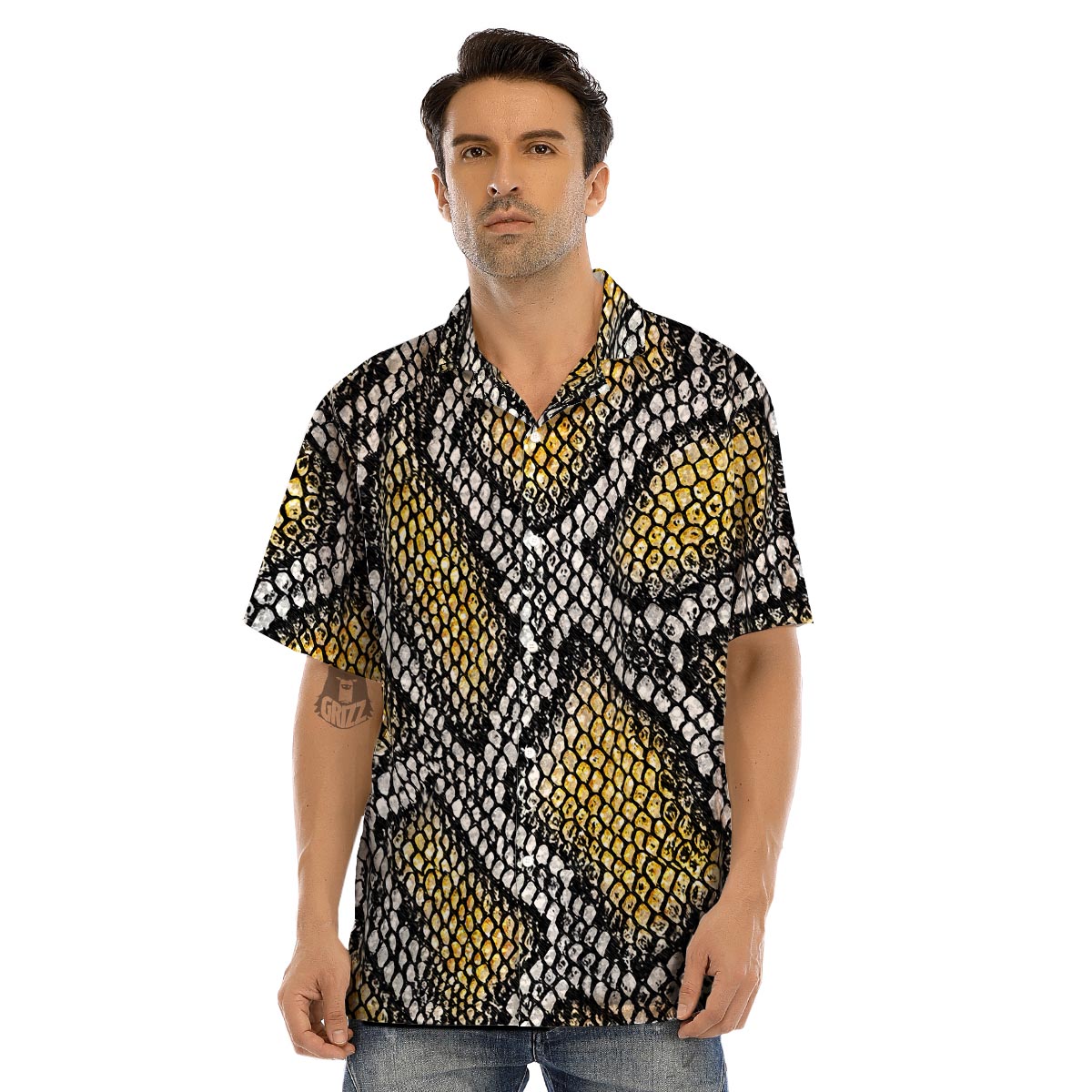 Yellow Snakeskin print Men’s Hawaiian Shirt-grizzshop