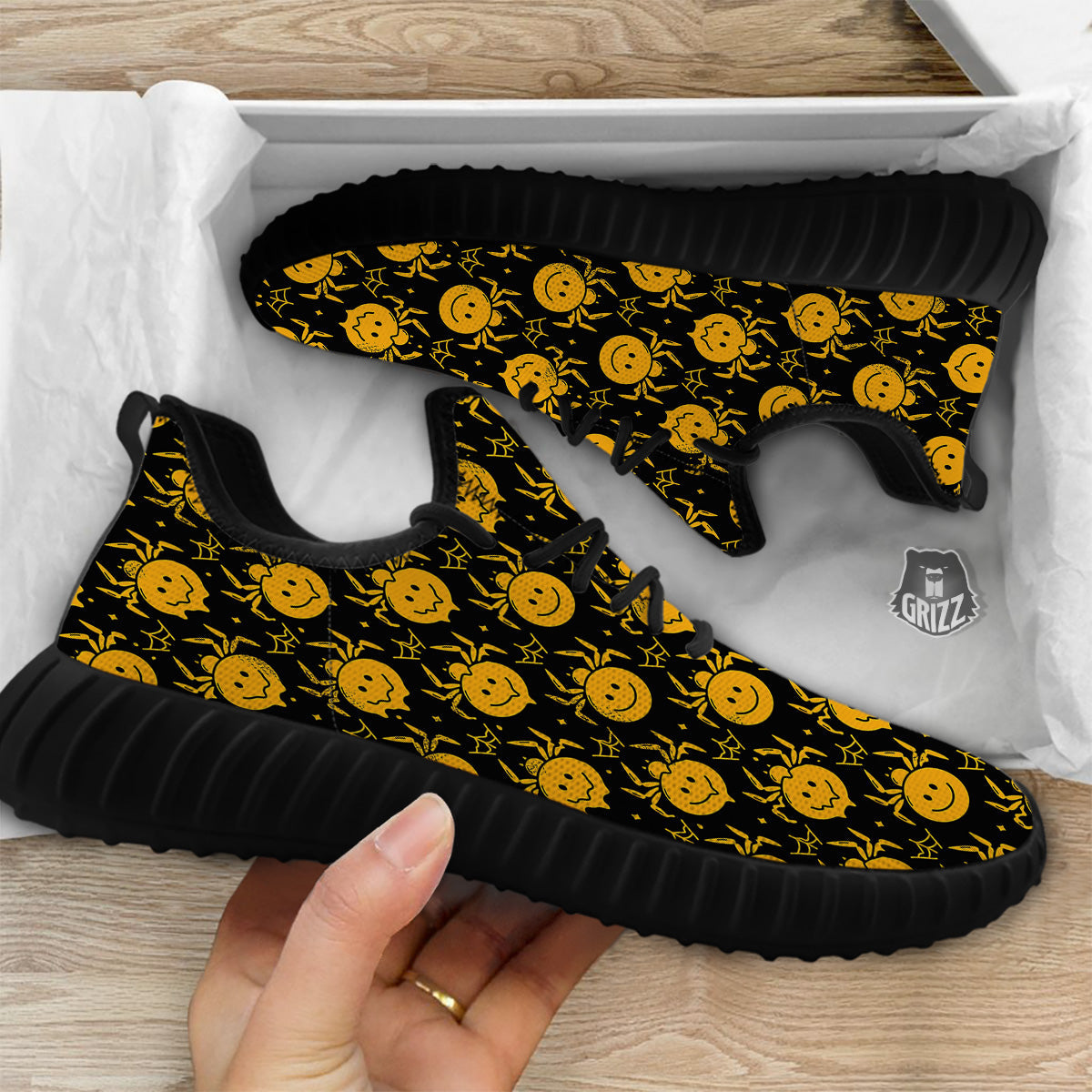 Yellow Spider Psychedelic Melt Print Pattern Black Walking Shoes-grizzshop