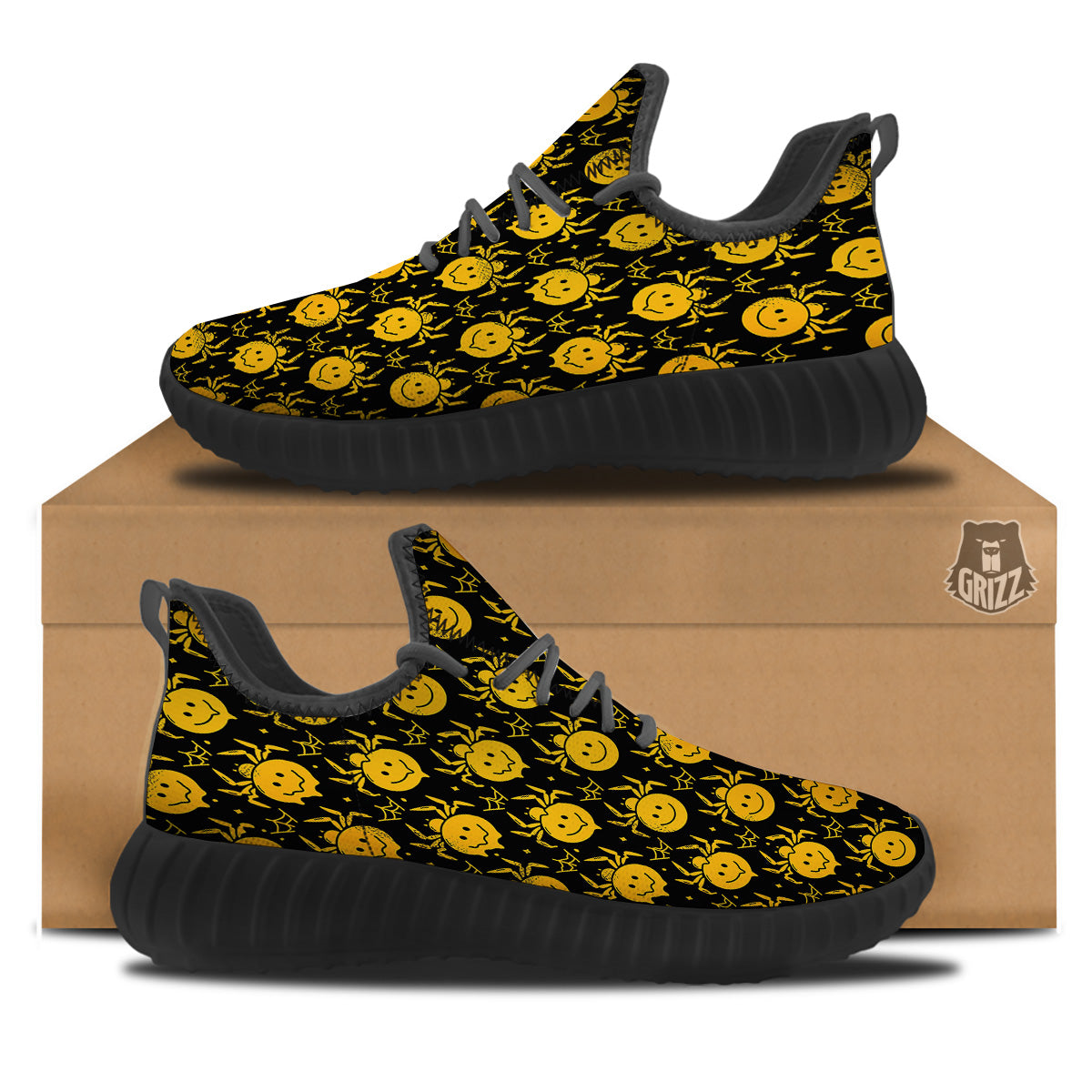 Yellow Spider Psychedelic Melt Print Pattern Black Walking Shoes-grizzshop