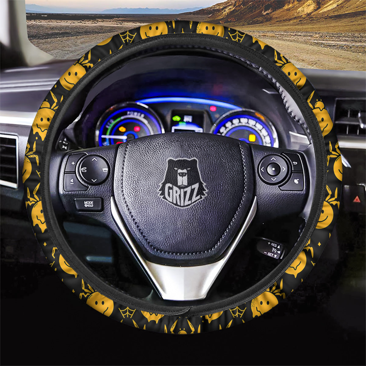 Yellow Spider Psychedelic Melt Print Pattern Car Steering Wheel Cover-grizzshop