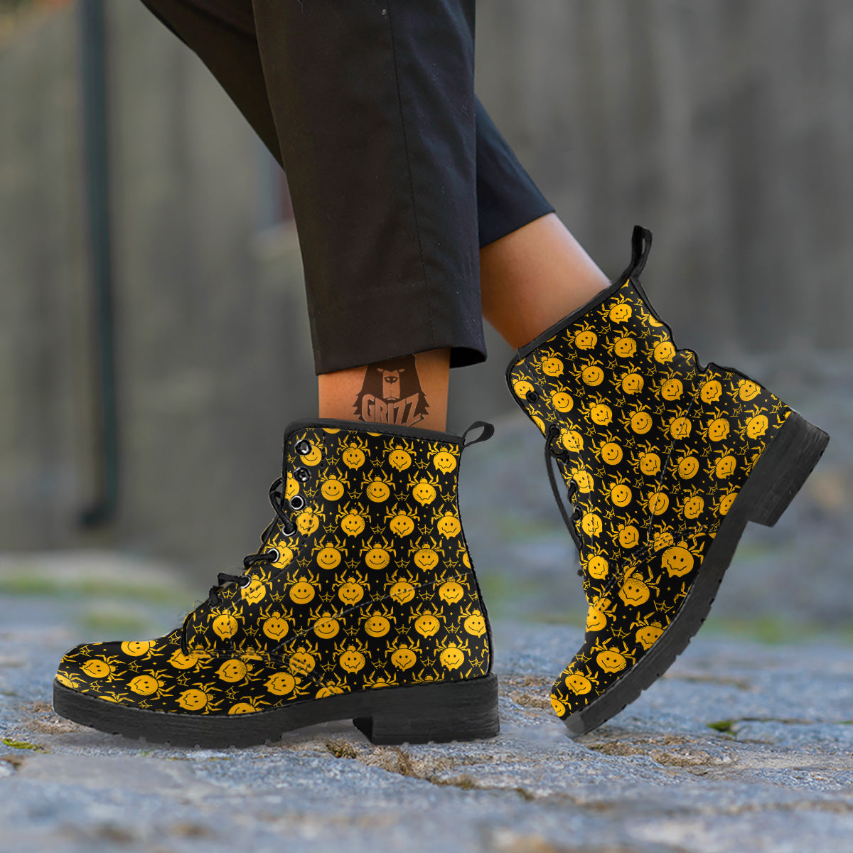 Yellow Spider Psychedelic Melt Print Pattern Leather Boots-grizzshop