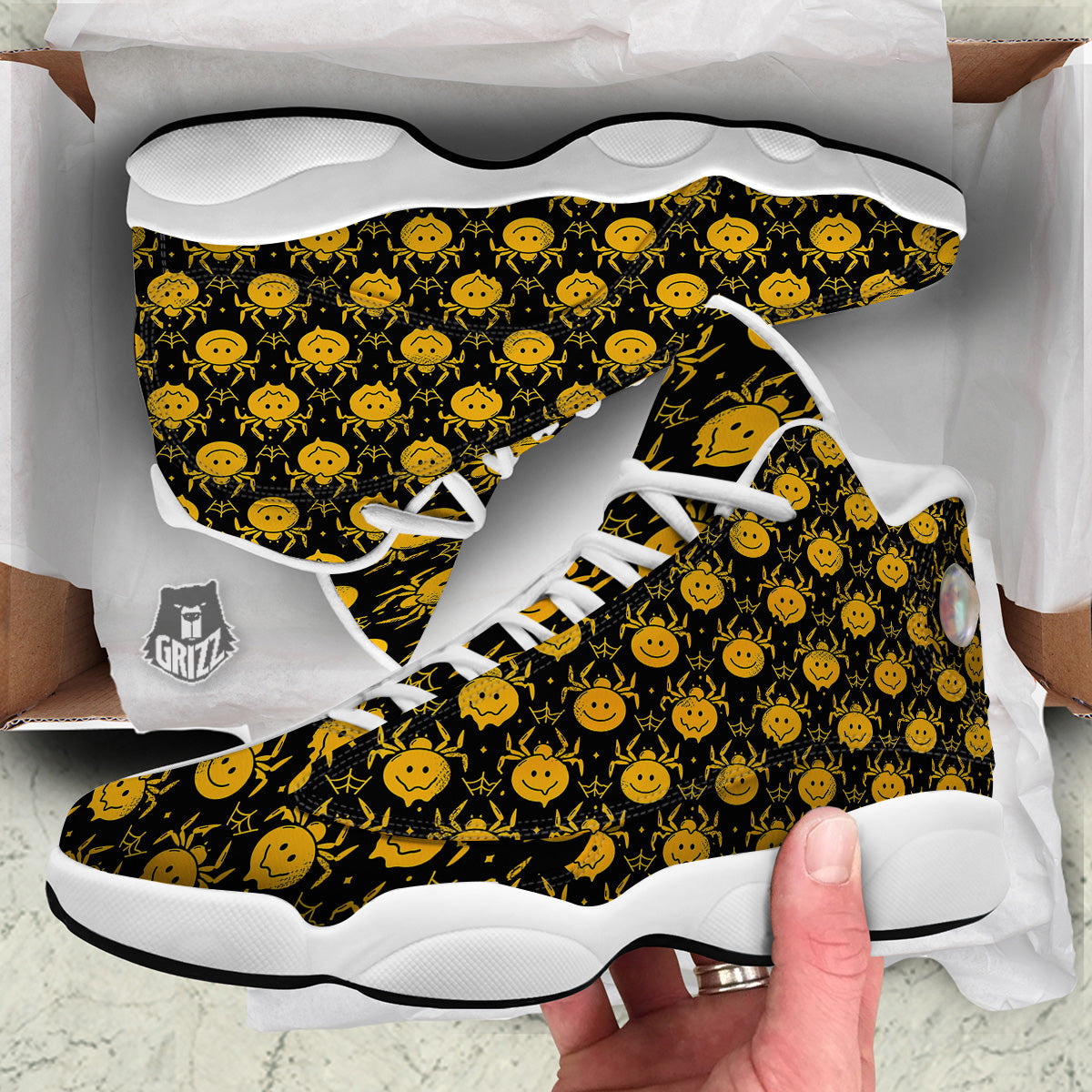 Yellow Spider Psychedelic Melt Print Pattern White Basketball Shoes-grizzshop
