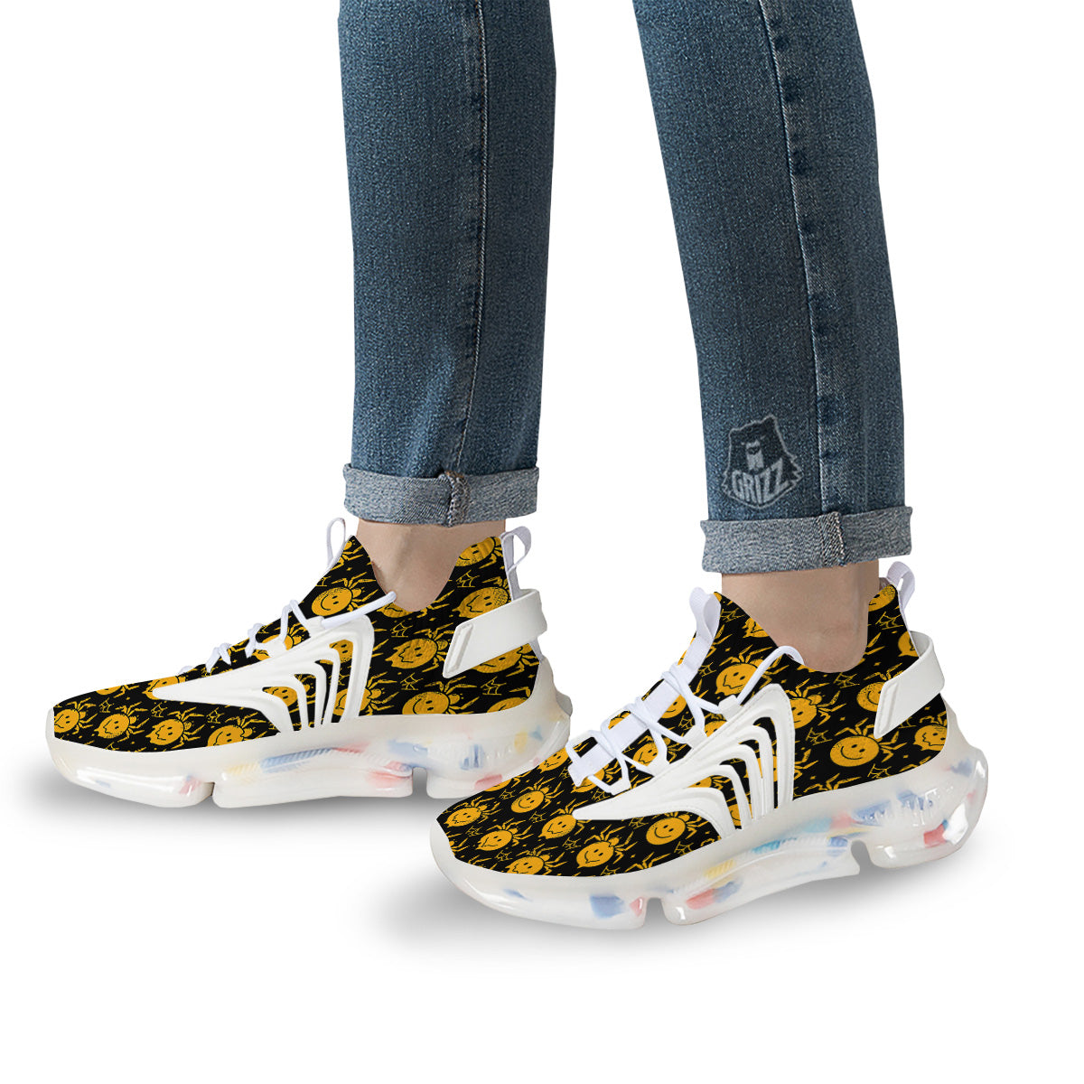 Yellow Spider Psychedelic Melt Print Pattern White Gym Shoes-grizzshop