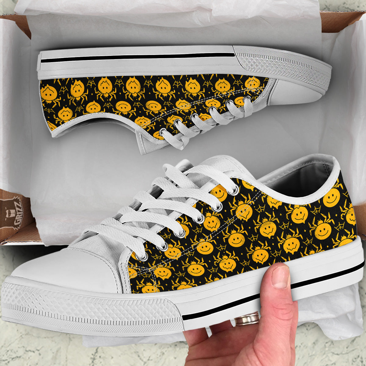 Yellow Spider Psychedelic Melt Print Pattern White Low Top Shoes-grizzshop