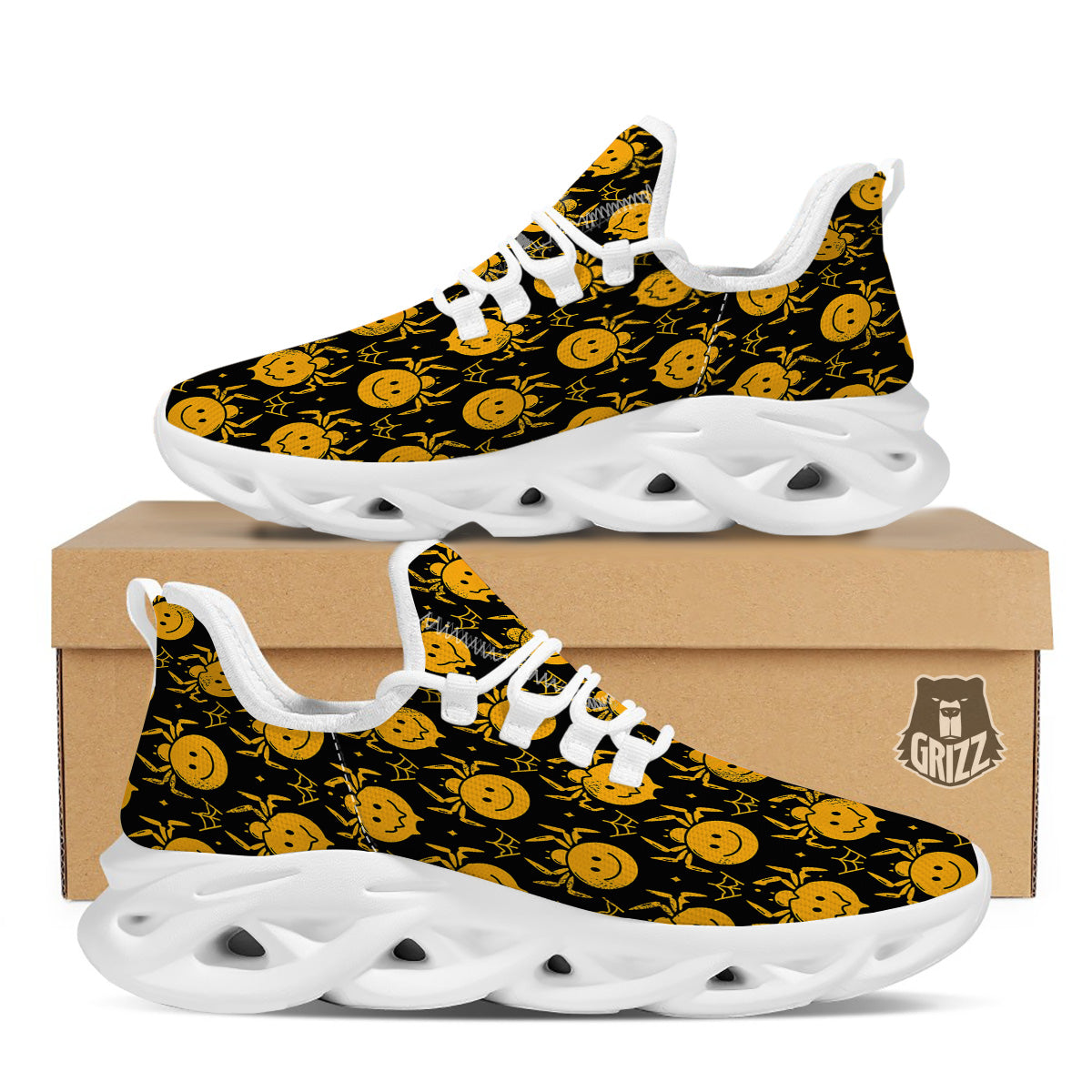 Yellow Spider Psychedelic Melt Print Pattern White Running Shoes-grizzshop
