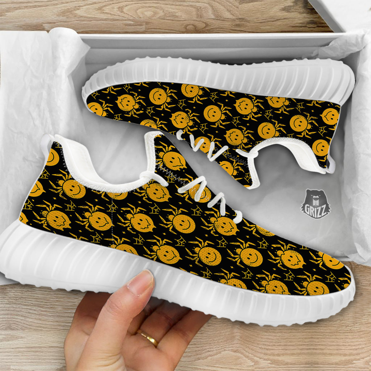 Yellow Spider Psychedelic Melt Print Pattern White Walking Shoes-grizzshop