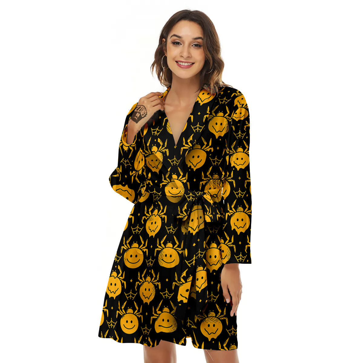 Yellow Spider Psychedelic Melt Print Pattern Women's Robe-grizzshop