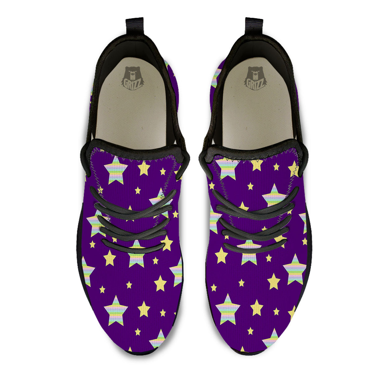 Yellow Stars Purple Print Pattern Black Athletic Shoes-grizzshop