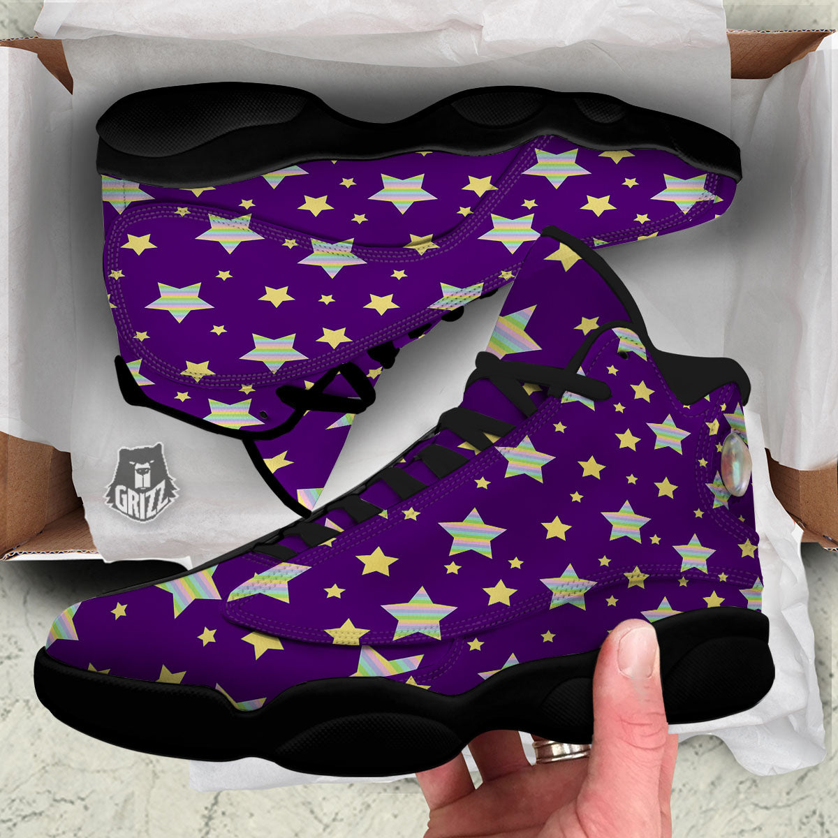 Yellow Stars Purple Print Pattern Black Basketball Shoes-grizzshop