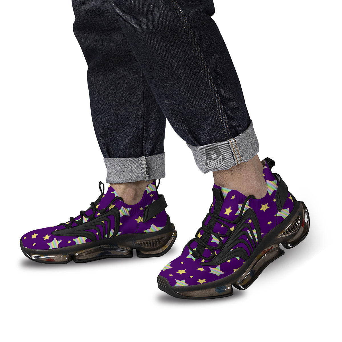Yellow Stars Purple Print Pattern Black Gym Shoes-grizzshop