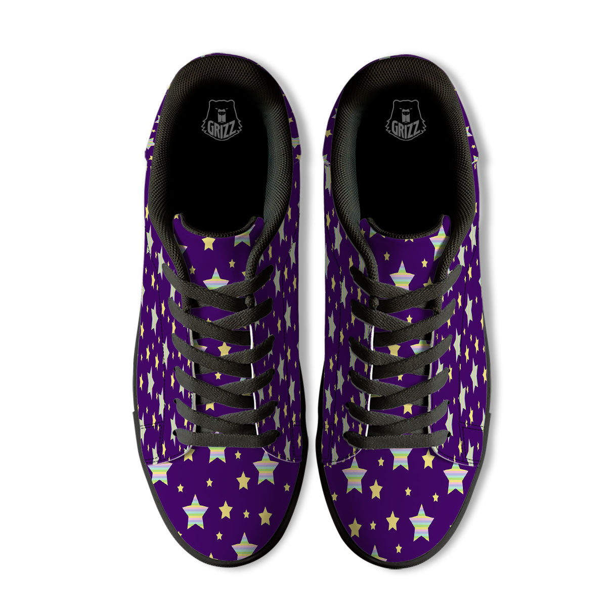 Yellow Stars Purple Print Pattern Black Low Top Sneakers-grizzshop