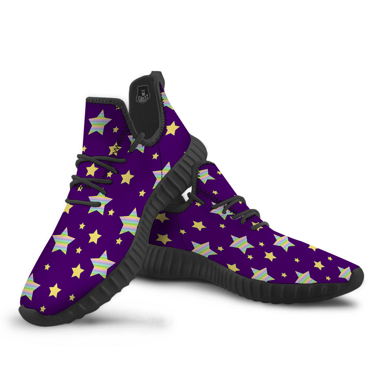 Yellow Stars Purple Print Pattern Black Walking Shoes-grizzshop