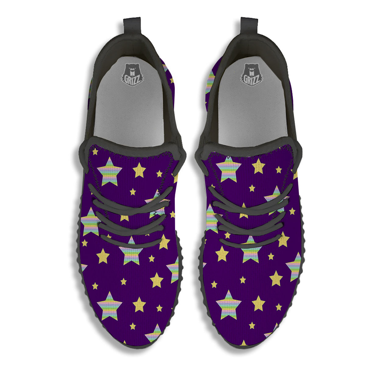 Yellow Stars Purple Print Pattern Black Walking Shoes-grizzshop