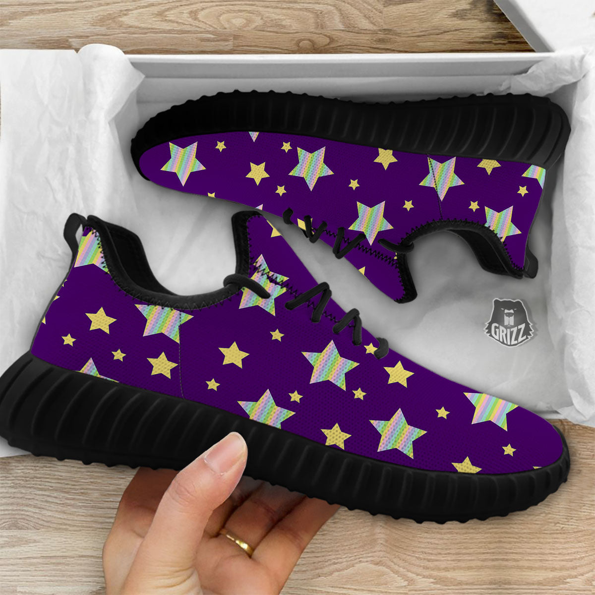 Yellow Stars Purple Print Pattern Black Walking Shoes-grizzshop